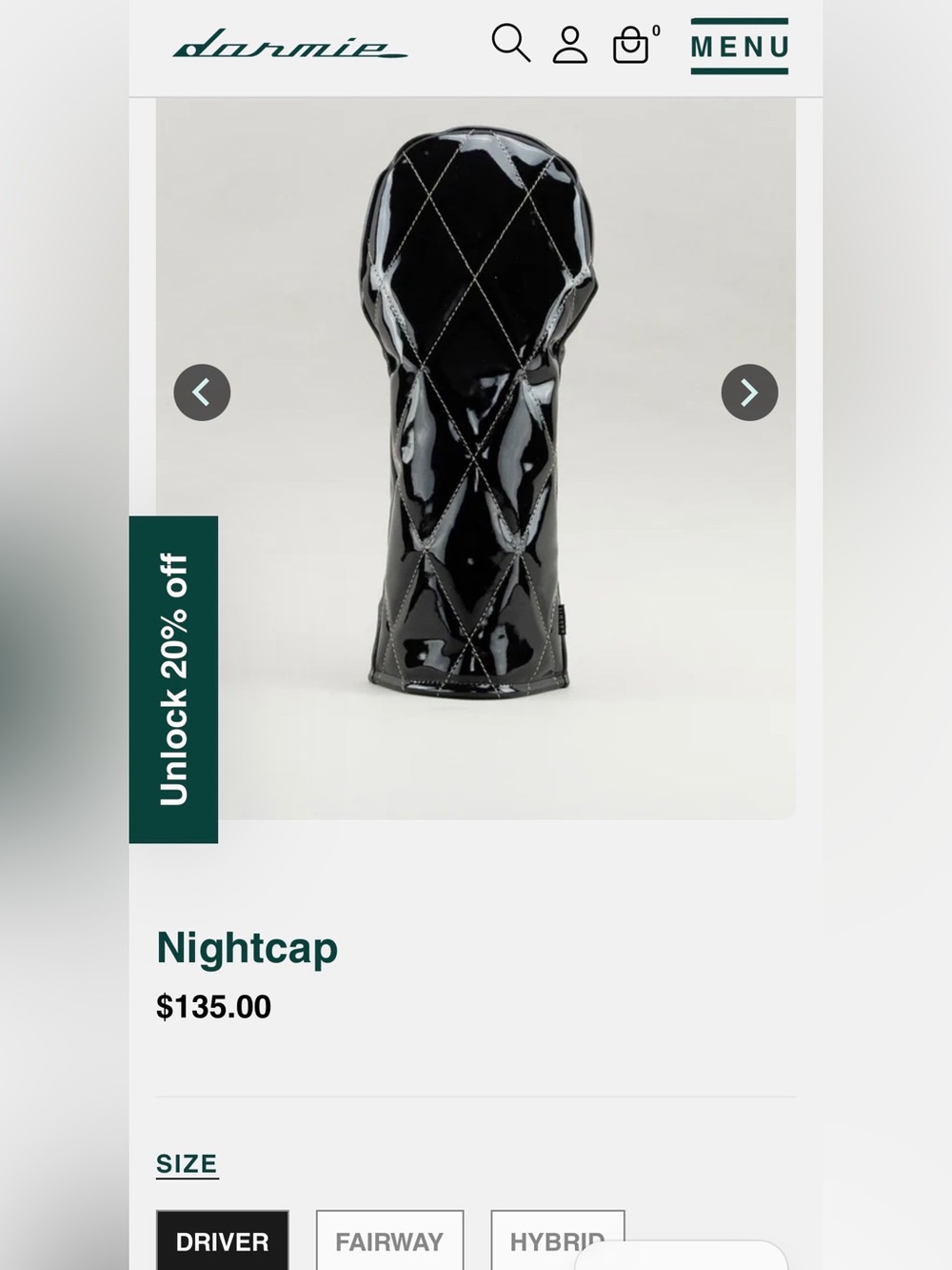 Dormie Nightcap Quilted Patent Leather Driver Headcover - Black